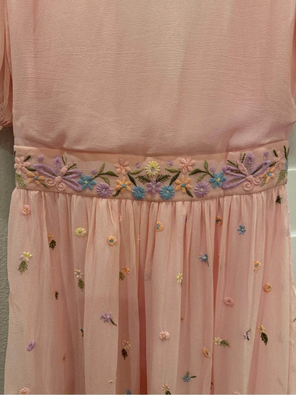 LoveShackFancy silk chiffon midi embroidered baby pink dress. Size S. Like new - Picture 6 of 8